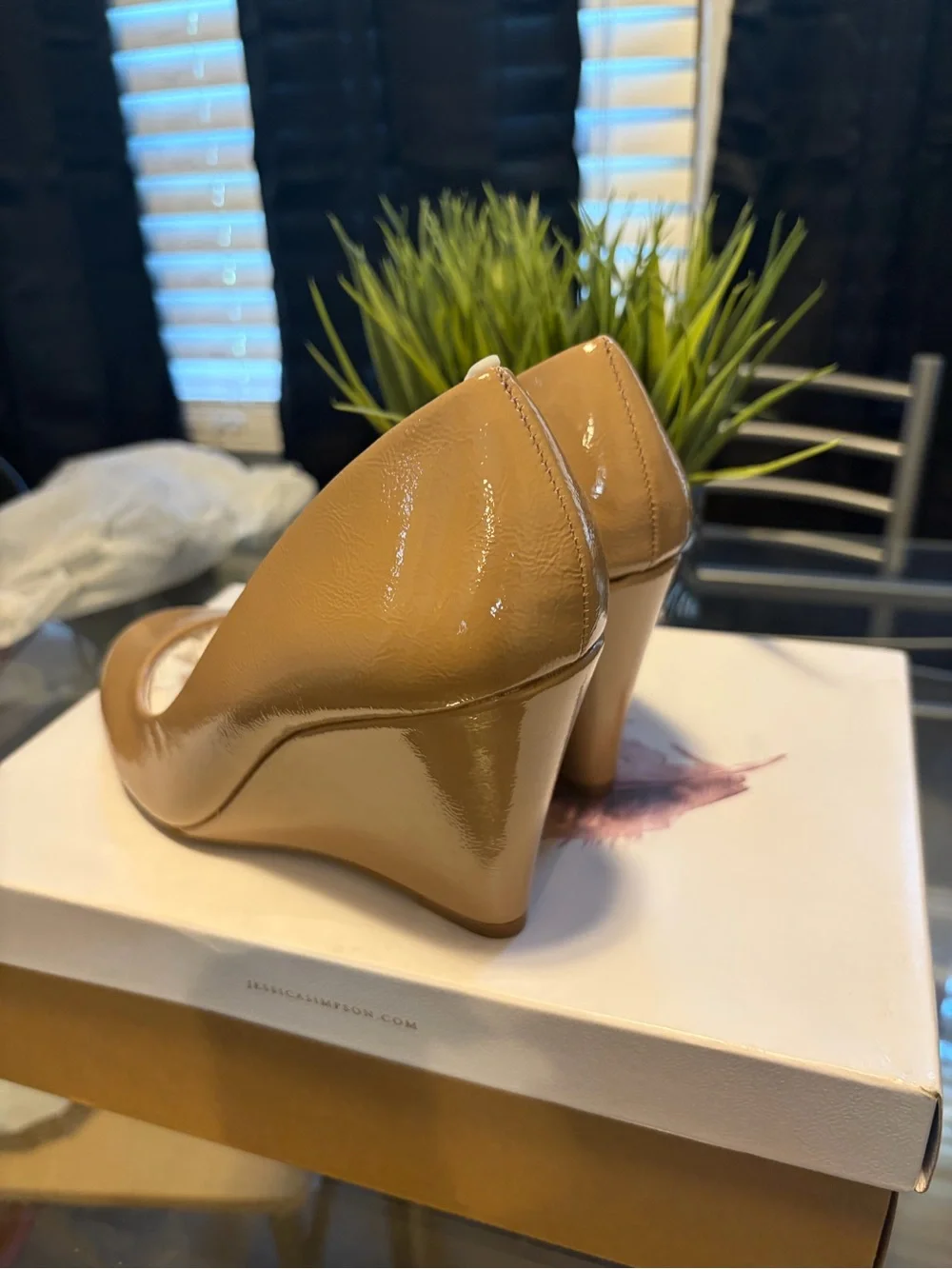 Jessica Simpson Tan Patent Wedge Pumps